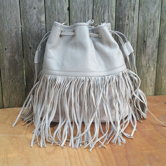 Topshop Handbags - Topshop Leather  Fringe Drawstring Bucket Bag